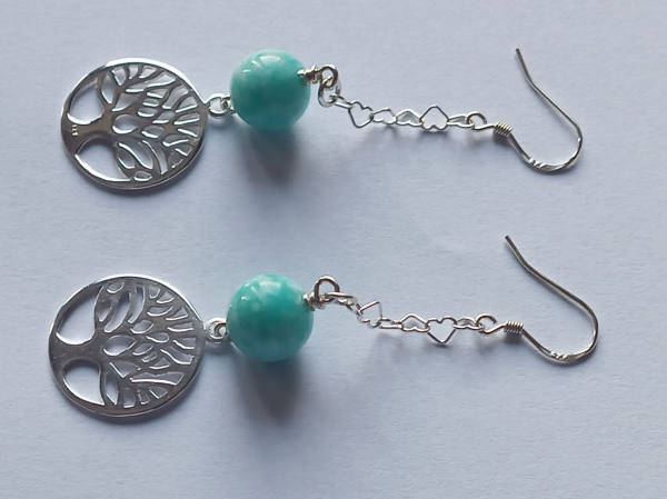 silver earrings-ear wires with turquoise amazonite beads and tree of life with chain-