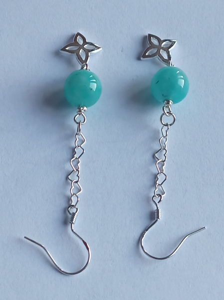 silver earrings-ear wires with turquoise amazonite beads and flower with chain---