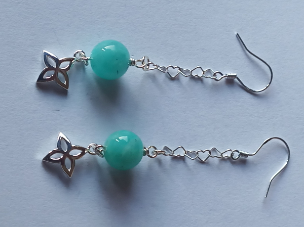 silver earrings-ear wires with turquoise amazonite beads and flower with chain-
