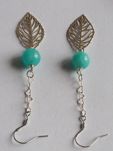 silver earrings-ear wires with turquoise amazonite beads and leaves with chain---