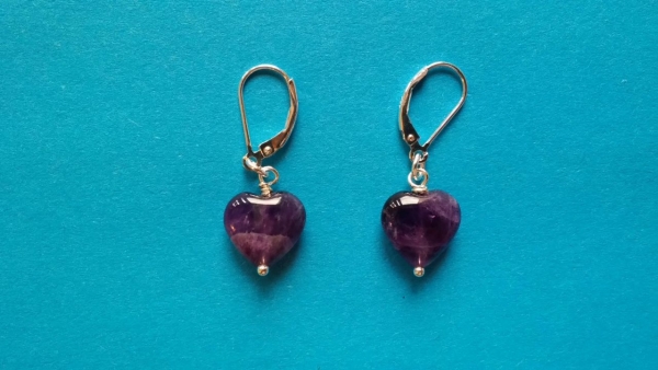 silver earrings-leverbacks with purple amethyst hearts