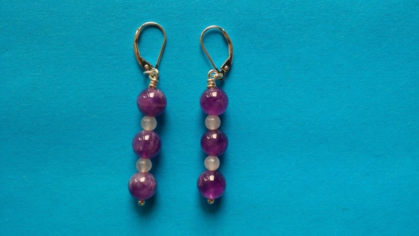 silver earrings-leverbacks with amethyst and rose quartz beads-the colours are purple and pink