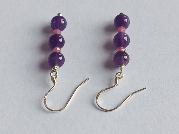 silver earrings-ear wires with amethyst and tourmaline beads-the colour is purple and black---
