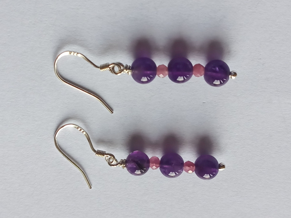silver earrings-ear wires with amethyst and tourmaline beads-the colour is purple and black--
