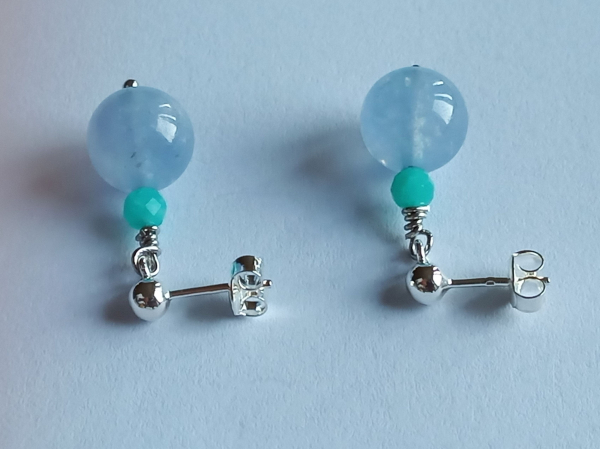 silver earrings-ear studs with aquamarine and amazonite beads---