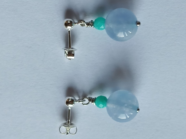 silver earrings-ear studs with aquamarine and amazonite beads--
