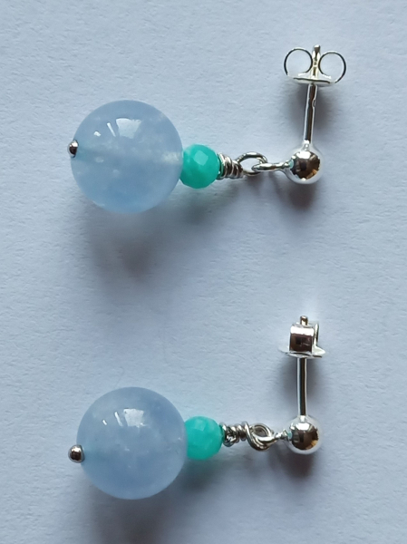 silver earrings-ear studs with aquamarine and amazonite beads-
