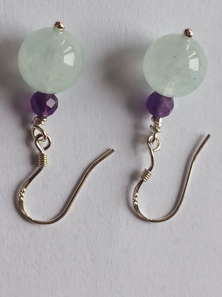 silver earrings-ear wires with aquamarine and amethyst beads-the colour is blue and purple---