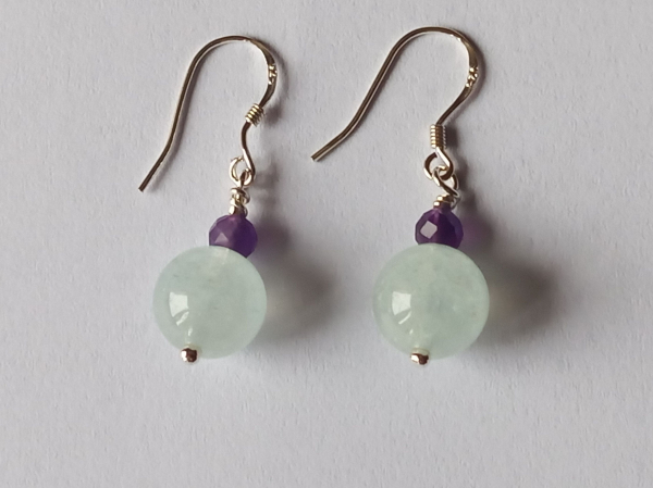 silver earrings-ear wires with aquamarine and amethyst beads-the colour is blue and purple