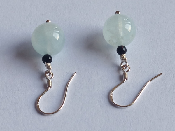 silver earrings-ear wires with aquamarine and onyx beads-the colour is blue and black---