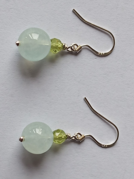 silver earrings-ear wires with aquamarine and peridot beads-the colour is blue and green-