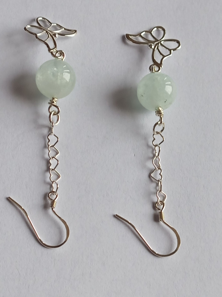 silver earrings-ear wires with blue aquamarine beads and butterfly with chain---