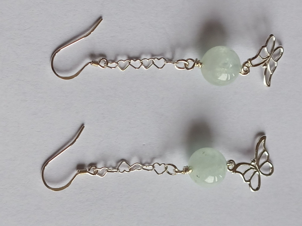 silver earrings-ear wires with blue aquamarine beads and butterfly with chain--