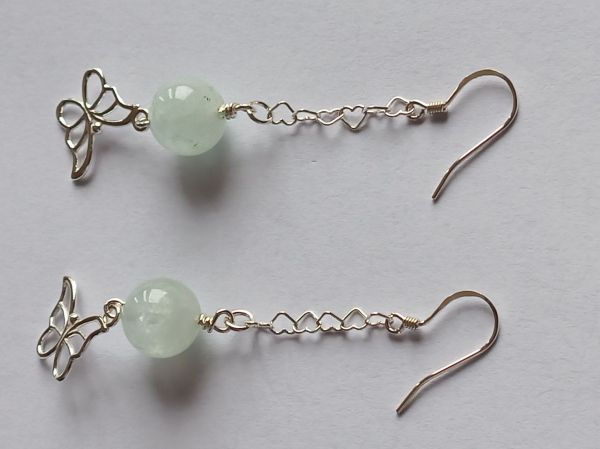 silver earrings-ear wires with blue aquamarine beads and butterfly with chain-