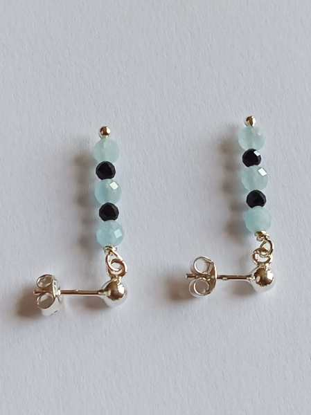 silver earrings-ear studs with aquamarine and tourmaline beads----