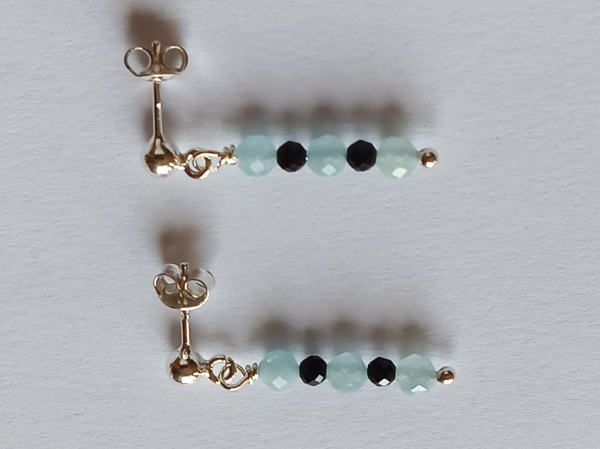 silver earrings-ear studs with aquamarine and tourmaline beads---