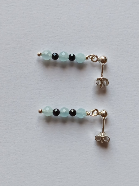 silver earrings-ear studs with aquamarine and tourmaline beads--