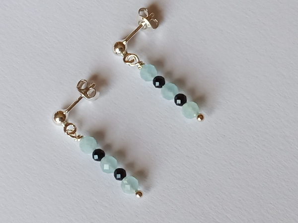 silver earrings-ear studs with aquamarine and tourmaline beads-