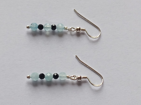 silver earrings-ear wires with aquamarine and tourmaline beads-the colour is blue and black-
