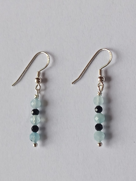 silver earrings-ear wires with aquamarine and tourmaline beads-the colour is blue and black