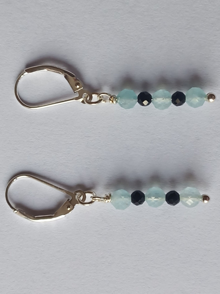 silver earrings-leverbacks with aquamarine and tourmaline beads-the colours are blue and black--