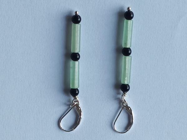 silver earrings-leverbacks with aventurine tubes and onyx beads-the colours are green and black---