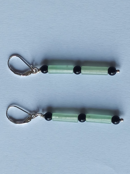 silver earrings-leverbacks with aventurine tubes and onyx beads-the colours are green and black--