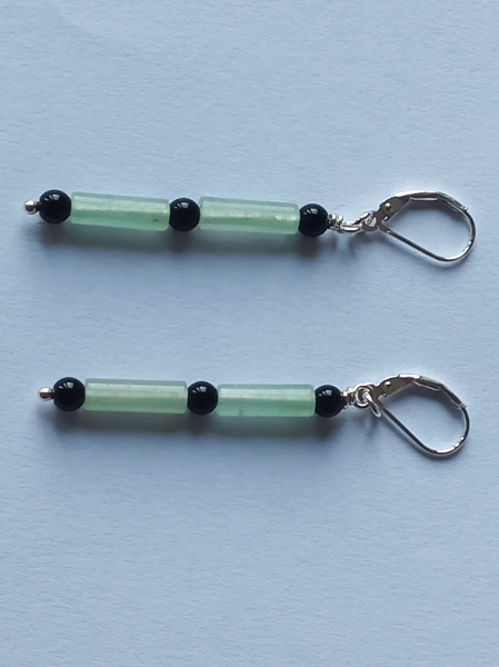 silver earrings-leverbacks with aventurine tubes and onyx beads-the colours are green and black-