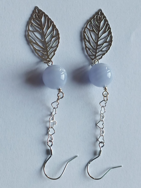 silver earrings-ear wires with blue chalcedony beads and leaves with chain---