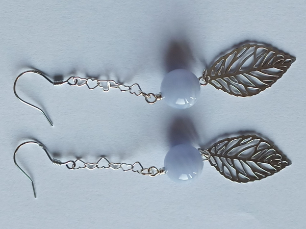 silver earrings-ear wires with blue chalcedony beads and leaves with chain--