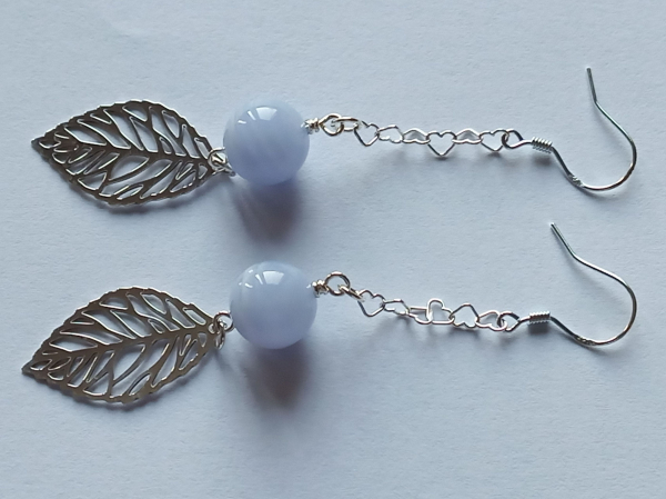 silver earrings-ear wires with blue chalcedony beads and leaves with chain-