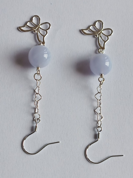 silver earrings-ear wires with blue chalcedony beads and butterfly with chain---