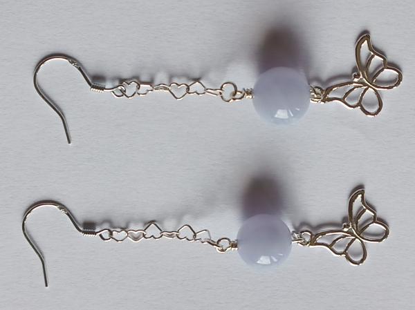silver earrings-ear wires with blue chalcedony beads and butterfly with chain--