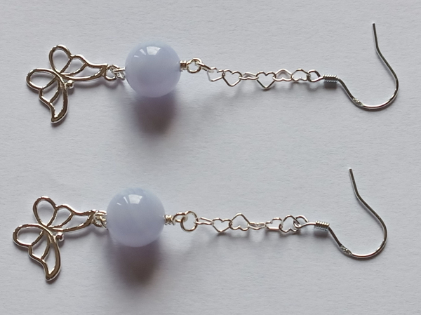silver earrings-ear wires with blue chalcedony beads and butterfly with chain-