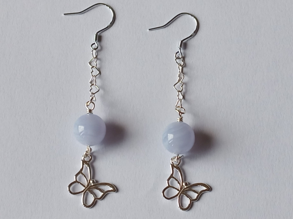 silver earrings-ear wires with blue chalcedony beads and butterfly with chain