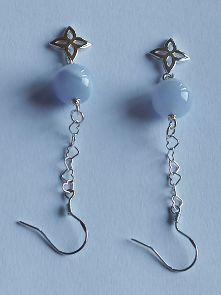 silver earrings-ear wires with blue chalcedony beads and flower with chain---