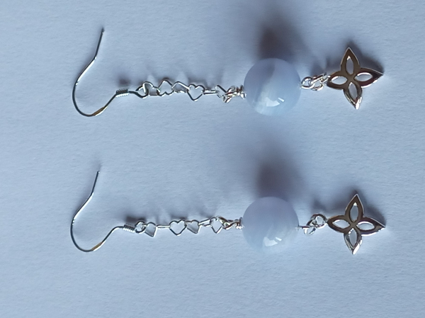 silver earrings-ear wires with blue chalcedony beads and flower with chain--