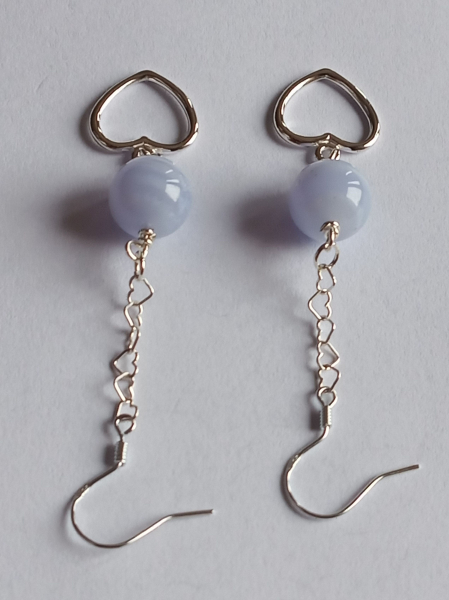 silver earrings-ear wires with blue chalcedony beads and heart with chain---