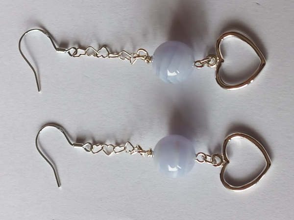 silver earrings-ear wires with blue chalcedony beads and heart with chain--