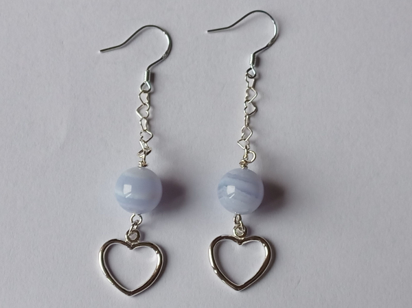 silver earrings-ear wires with blue chalcedony beads and heart with chain