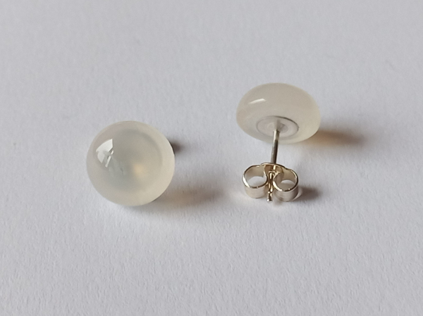 silver earrings-ear studs with white chalcedony cabochons-----