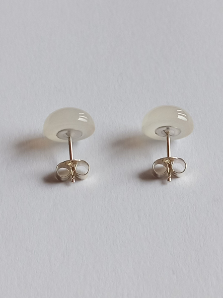 silver earrings-ear studs with white chalcedony cabochons----