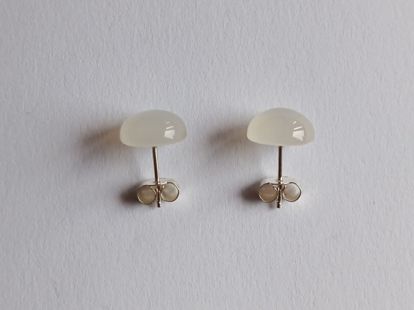 silver earrings-ear studs with white chalcedony cabochons--