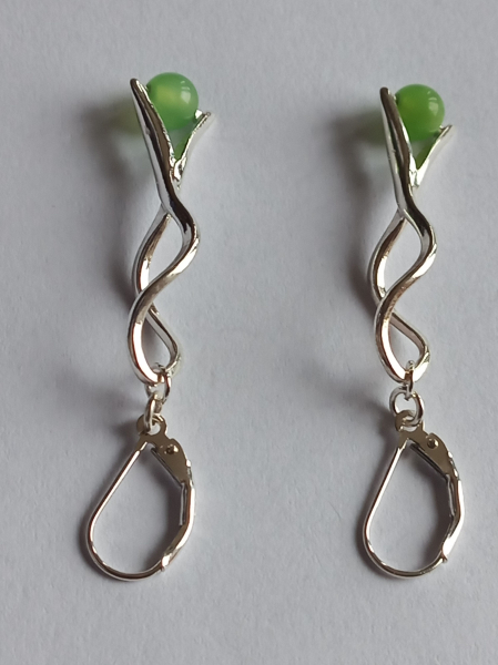 silver earrings-leverbacks with twist dangles and chrysoprase beads---
