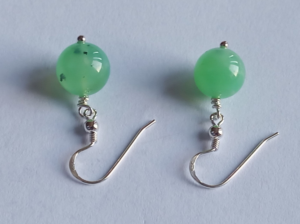 silver earrings-ear wires with green chrysoprase beads---