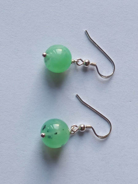 silver earrings-ear wires with green chrysoprase beads-