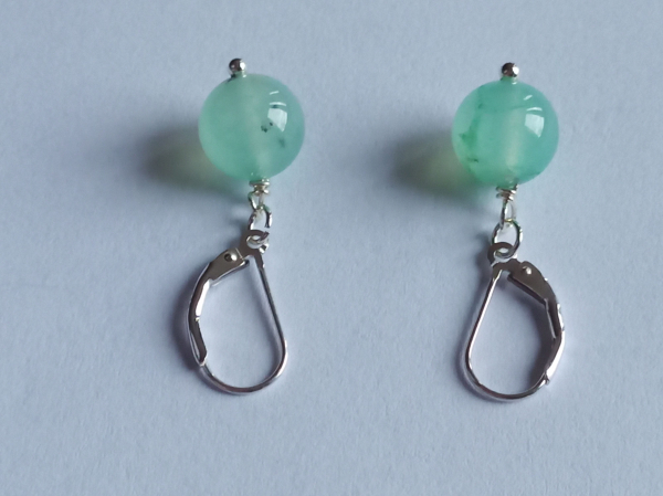 silver earrings-leverbacks with green chrysoprase beads---