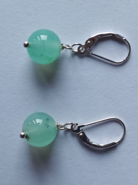 silver earrings-leverbacks with green chrysoprase beads-