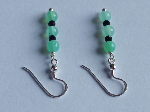 silver earrings-ear wires with chrysoprase and tourmaline beads-green and black colour---