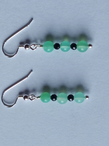 silver earrings-ear wires with chrysoprase and tourmaline beads-green and black colour--